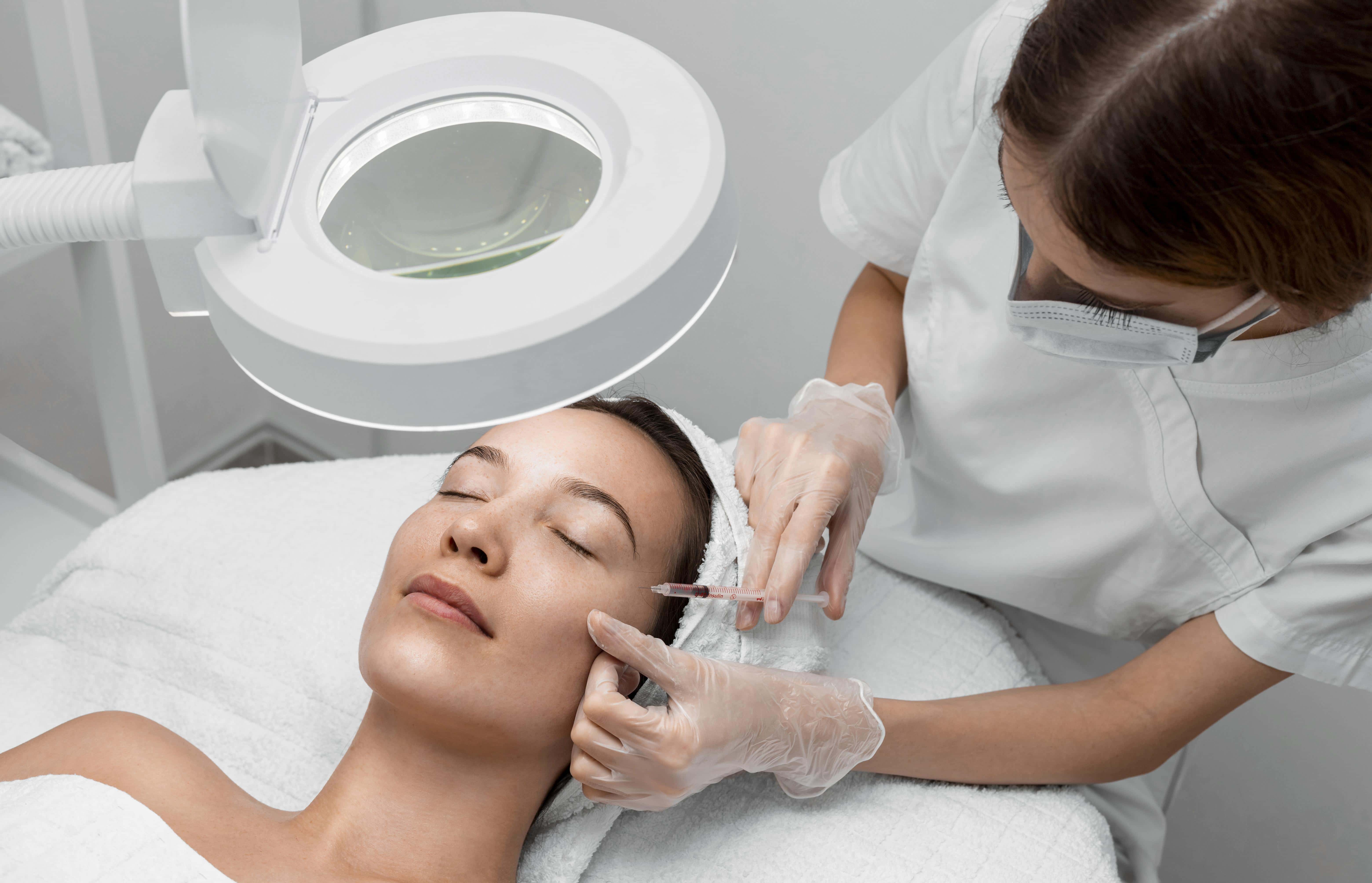 Clear skin treatment, dermatologist performing facial injection with syringe, skincare clinic, aesthetic treatment, facial rejuvenation, aesthetic dermatologist, skin care, cosmetic procedure, epidermal therapy, Shrinika Dermacare.